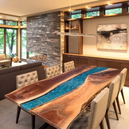 Anjera Live Edge Black Walnut Blue Epoxy River Dining Table – Custom Handmade